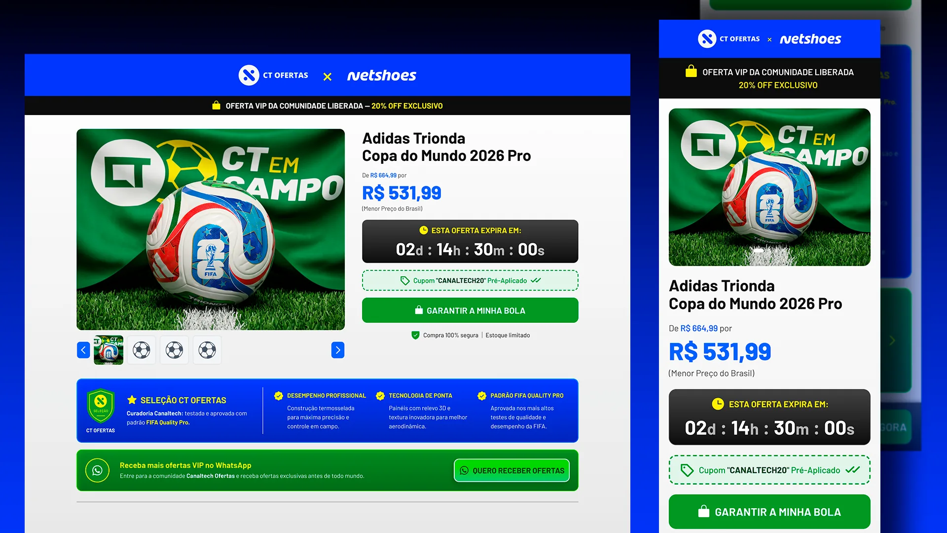 A página de oferta dedicada mostrada em desktop e em mobile